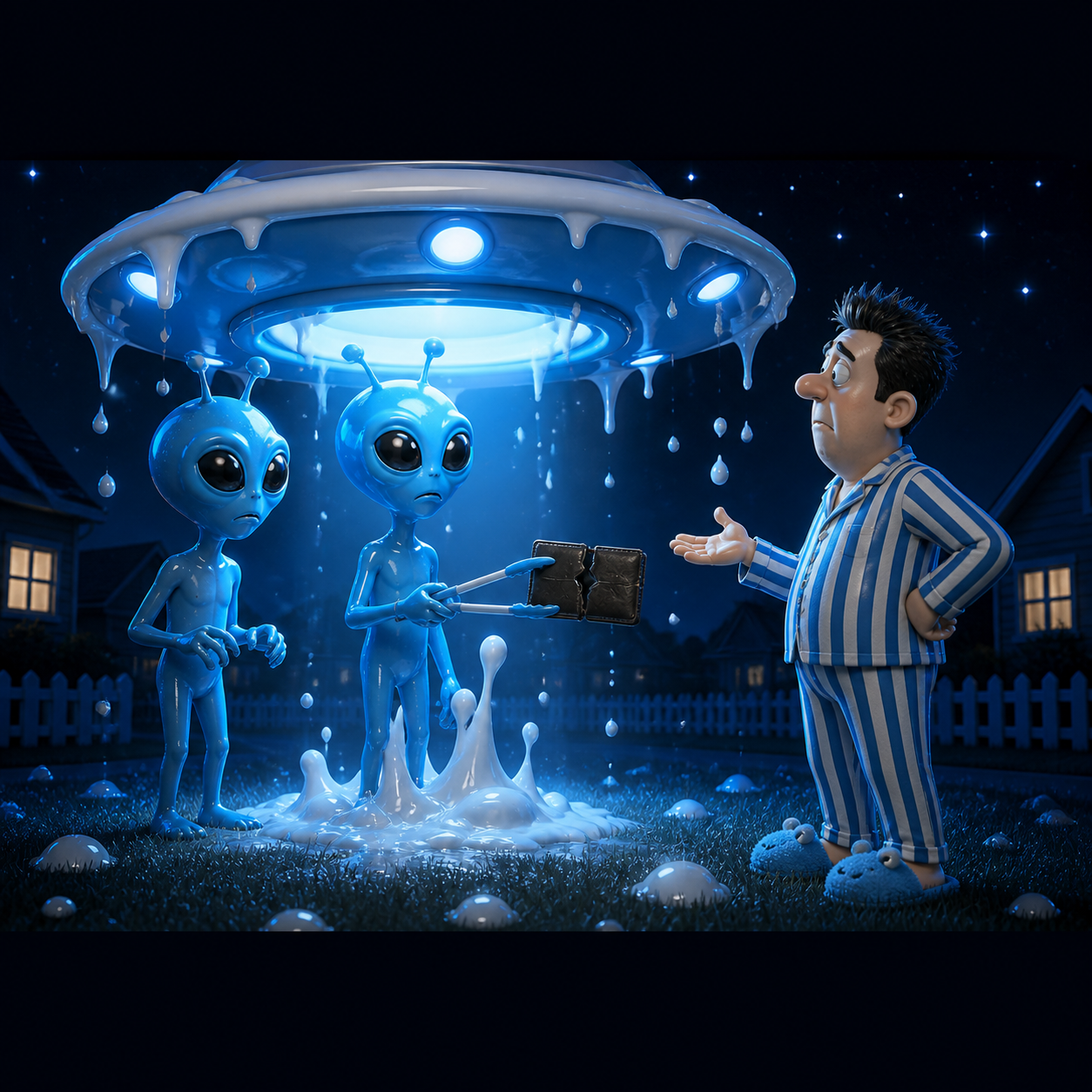Two disappointed aliens returning an empty wallet to a man in pajamas