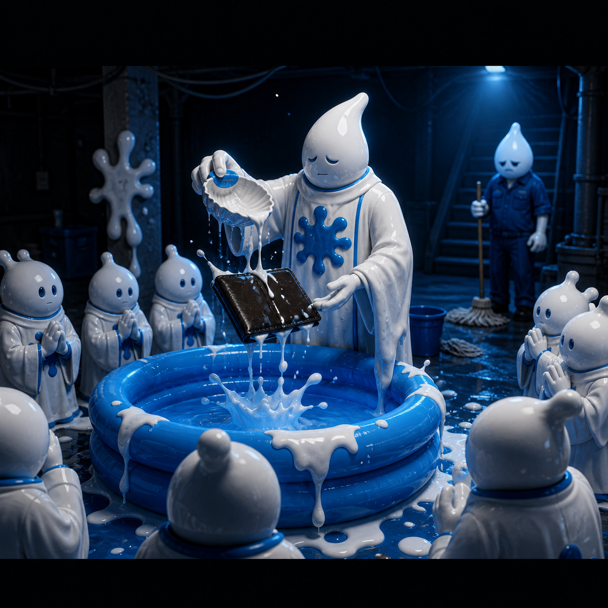 White droplet figures ceremonially baptising an empty wallet in a paddling pool