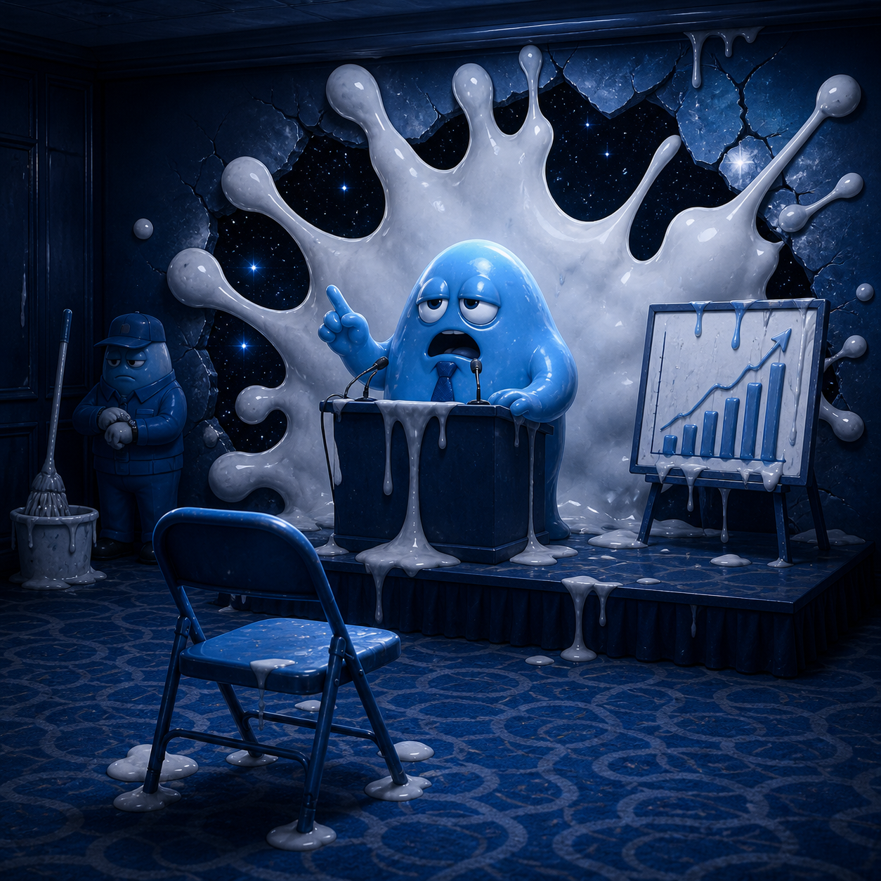 Blue blob executive giving an earnings call to one empty folding chair