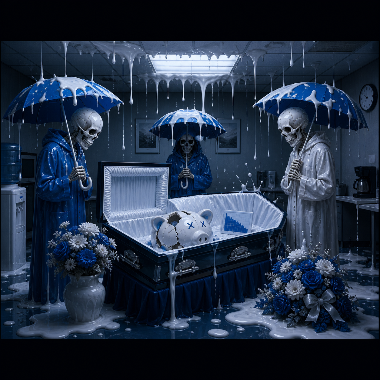 Skeleton mourners holding umbrellas at the funeral of a broken piggy bank