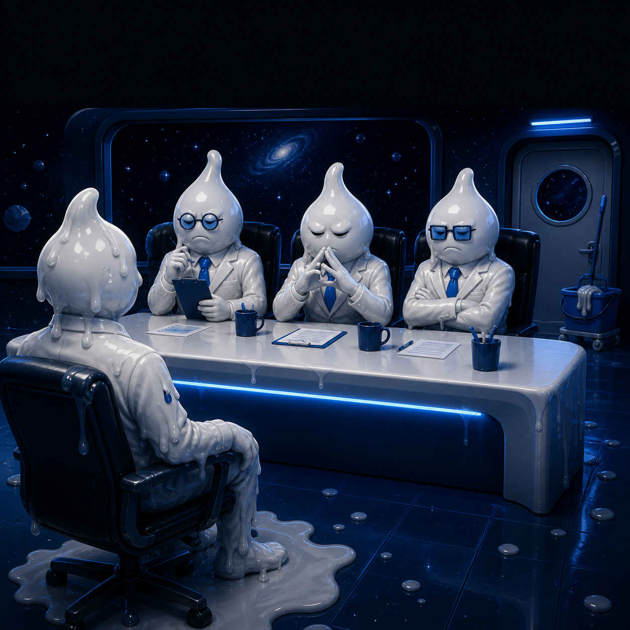 A soaked employee facing three stern droplet executives in an HR meeting