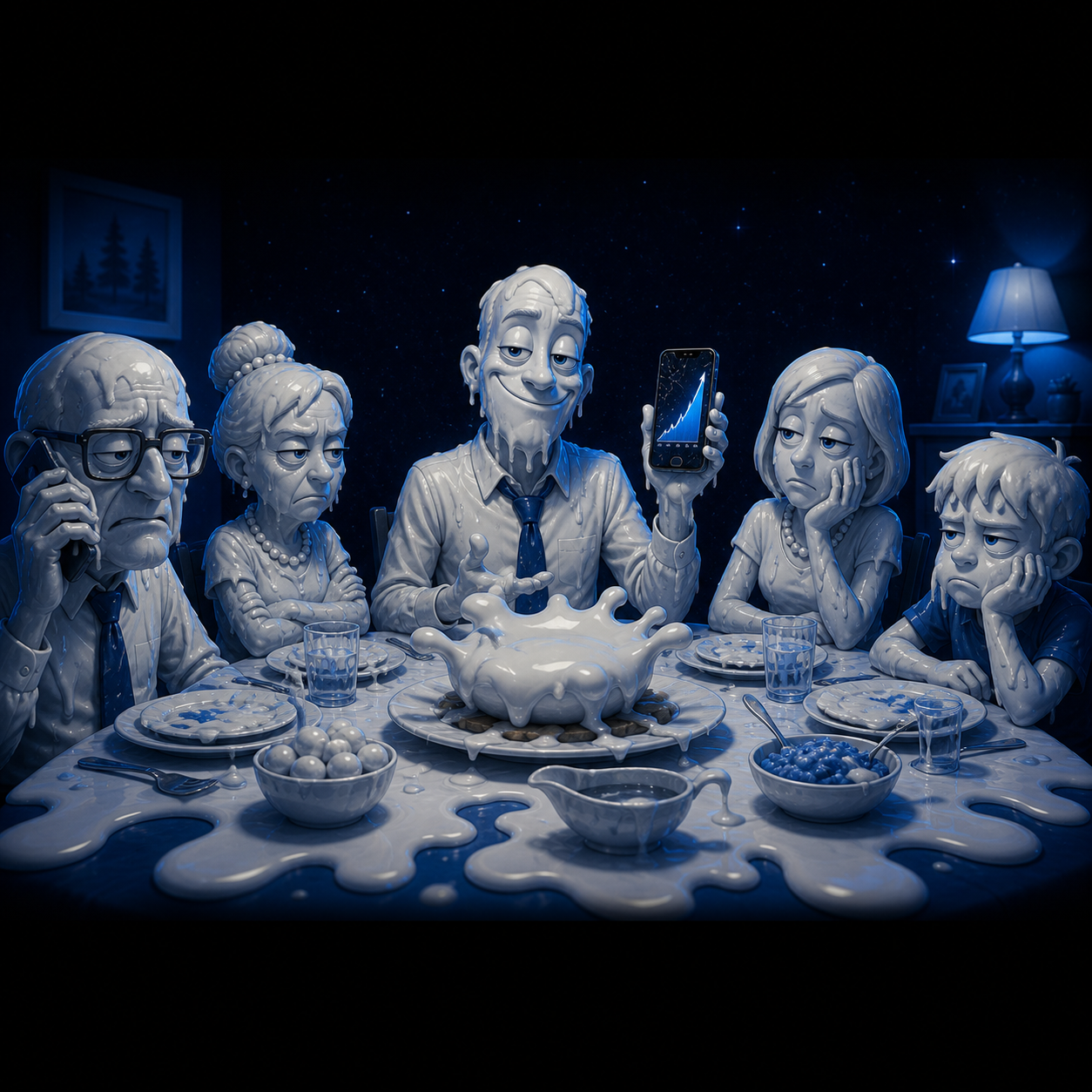 Unimpressed family listening to a smug relative explain a cracked trading phone