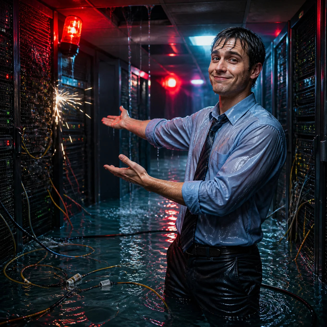 Smug soaked office worker presenting a flooded server room