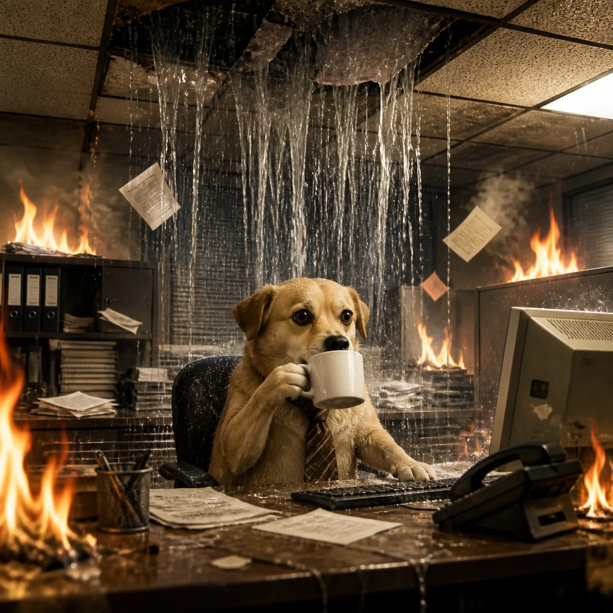 Calm office dog drinking coffee amid fire and a ceiling leak