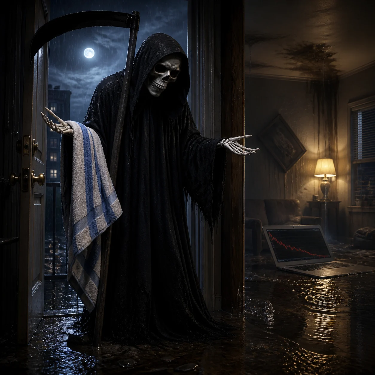 Confused Grim Reaper holding a towel in a flooded apartment