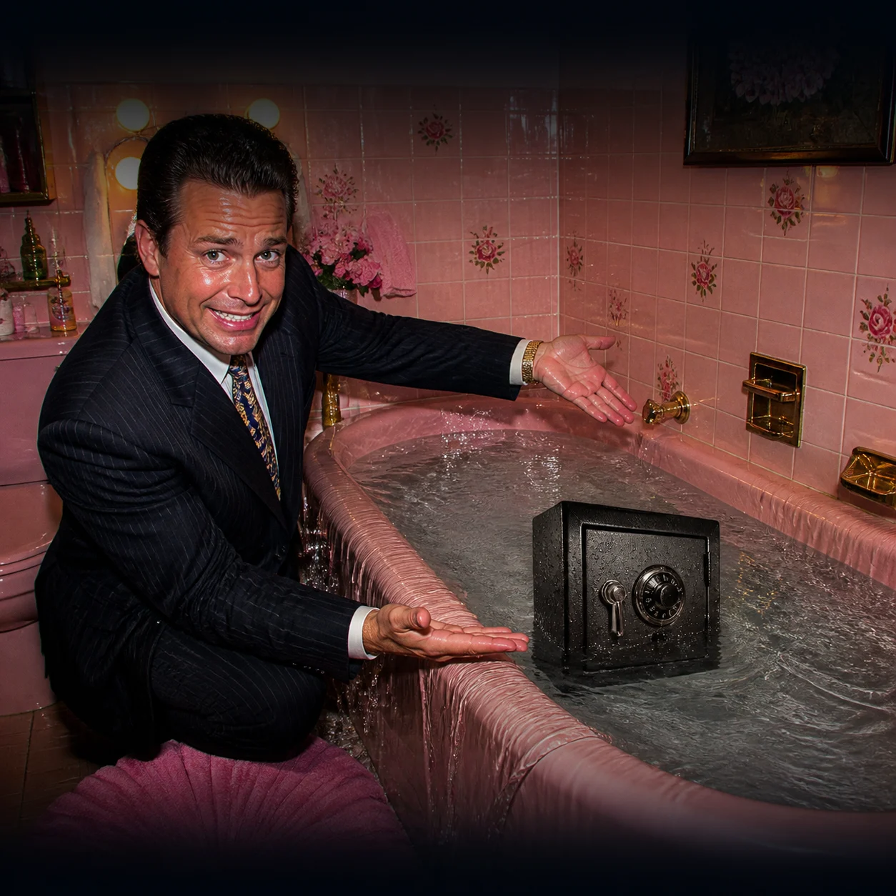 Financial adviser presenting a safe submerged in a pink bathtub