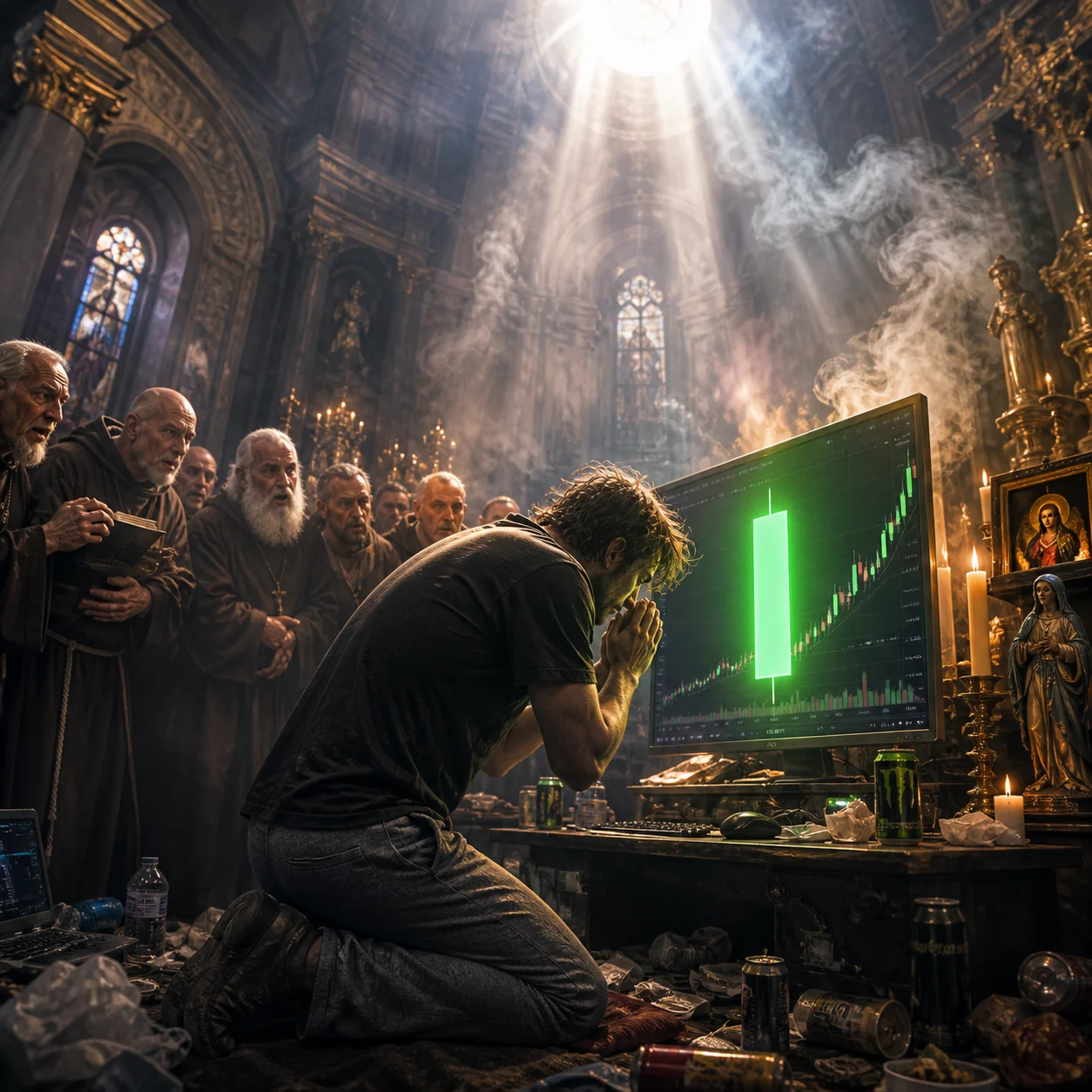 Trader worshipping a glowing green candle in a cathedral