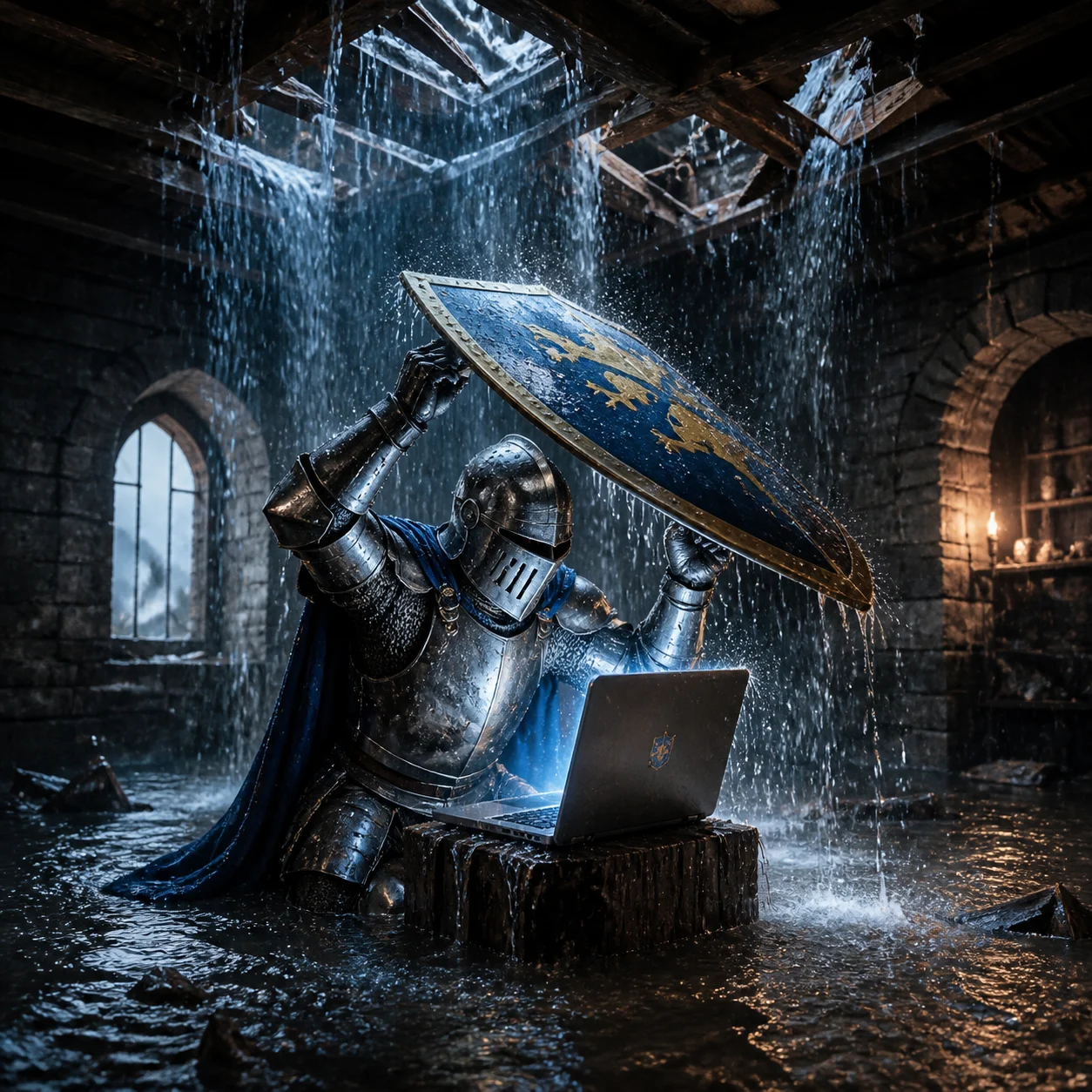Armored knight shielding a laptop from a collapsing wet ceiling