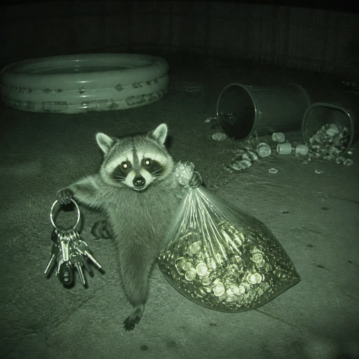 Raccoon stealing a sack of coins and office keys on security footage