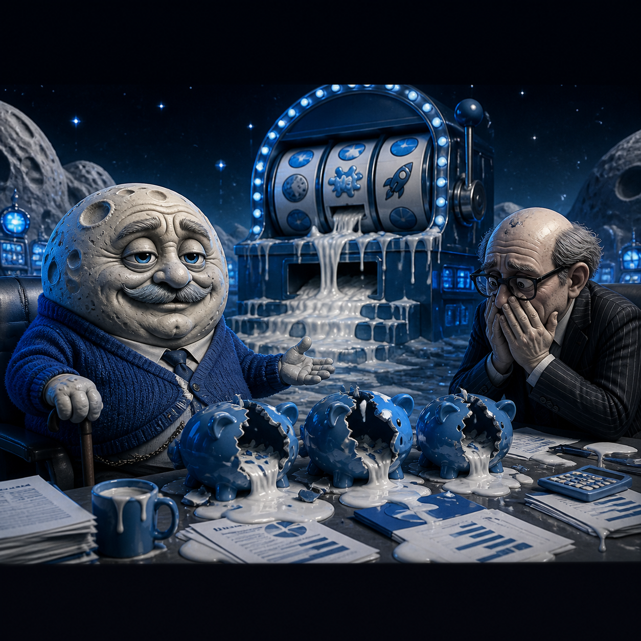 Proud elderly moon creature showing three smashed piggy banks to an advisor