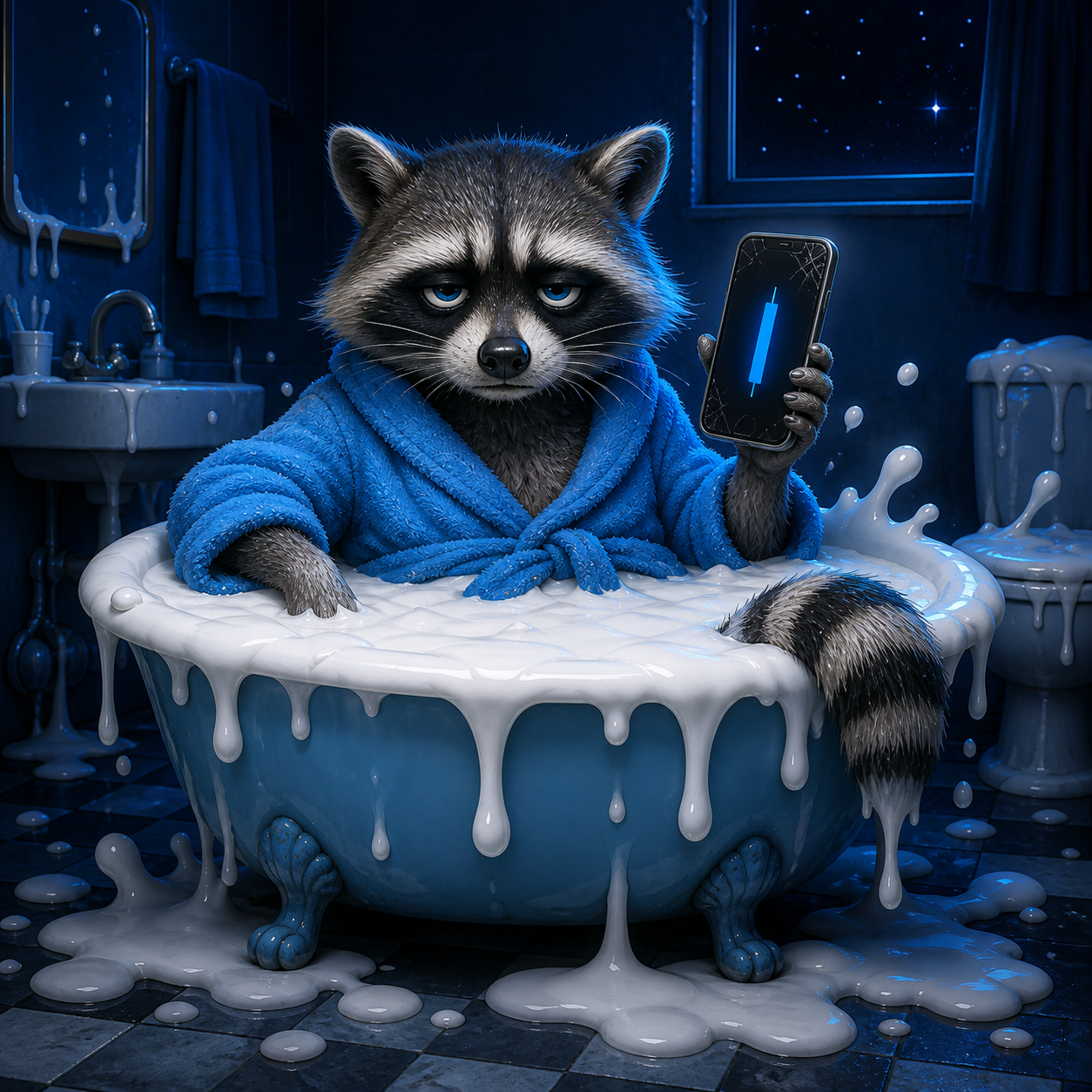 Raccoon in a bath holding a cracked phone