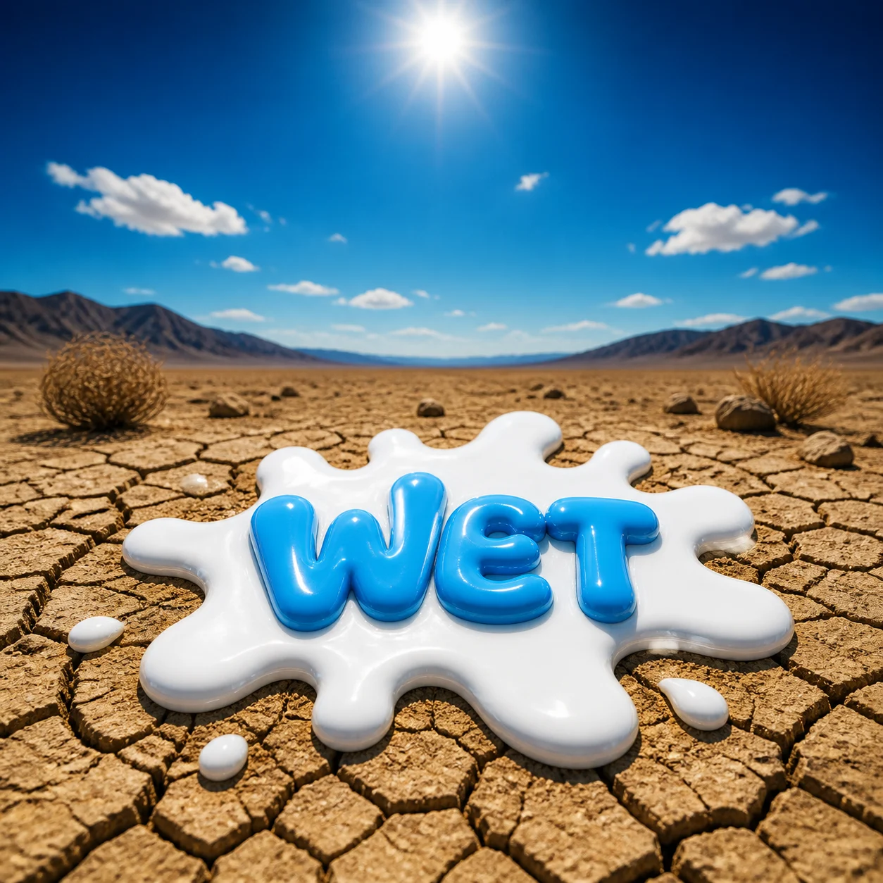 Glossy Wet splat sitting in a cracked desert
