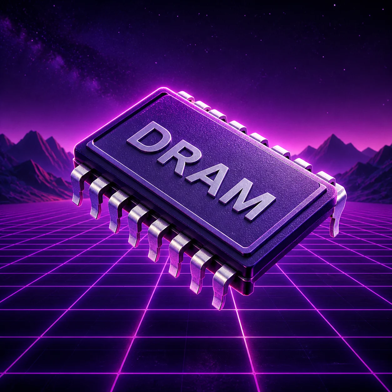 Purple DRAM chip floating above a synthwave grid