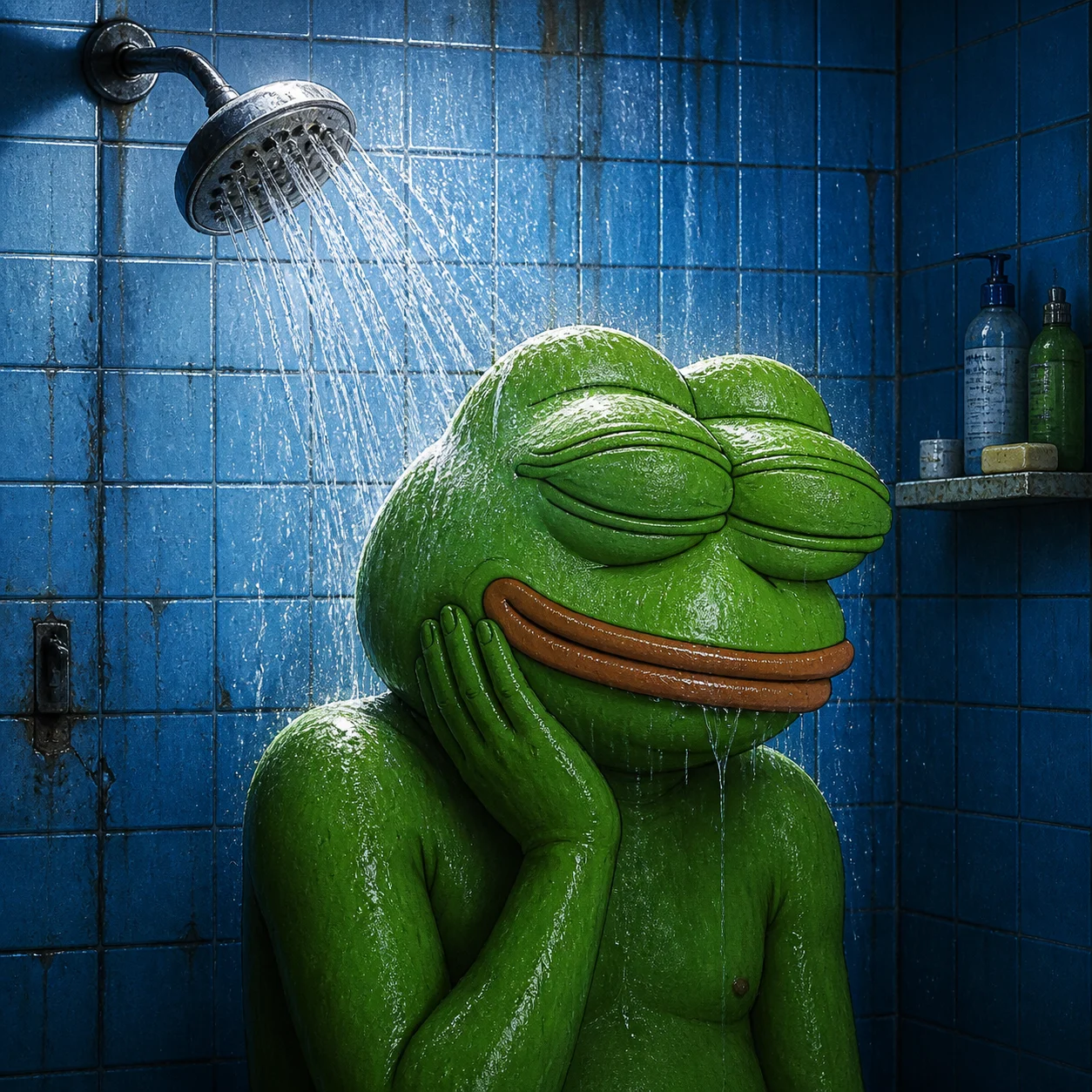 Blissful green frog standing under a shower