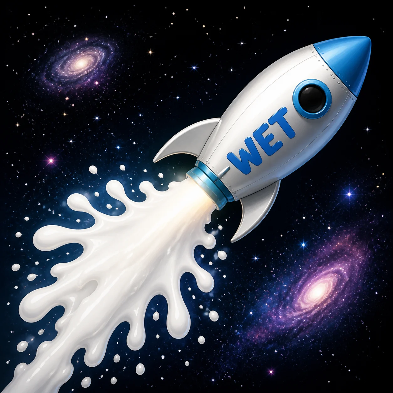 Wet rocket blasting through space with liquid exhaust