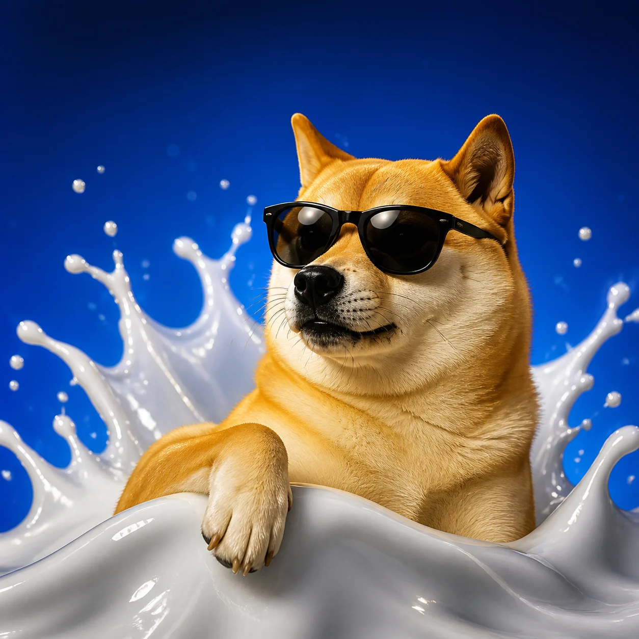 Smug Shiba Inu wearing sunglasses in a liquid splash