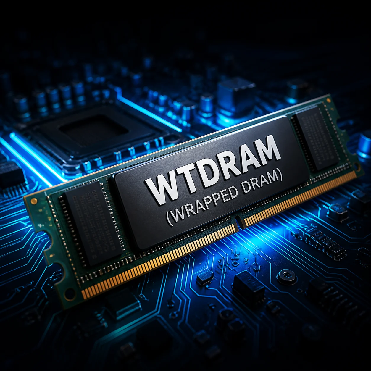 WTDRAM memory stick on a glowing motherboard