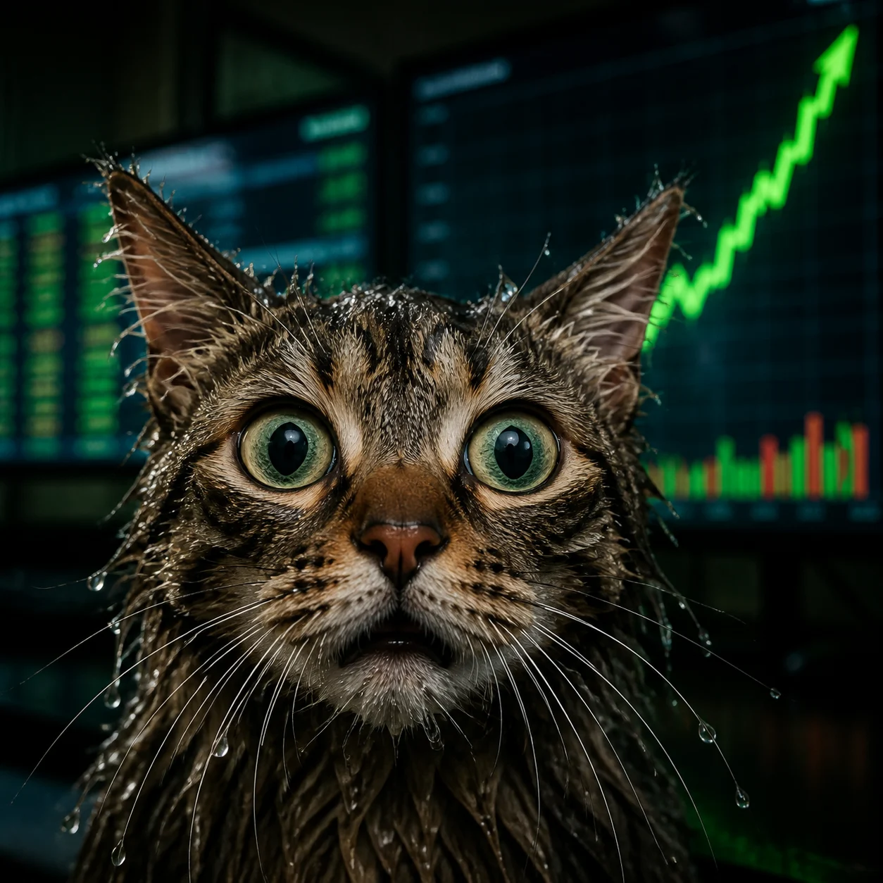Soaked wide-eyed cat in front of a rising trading chart