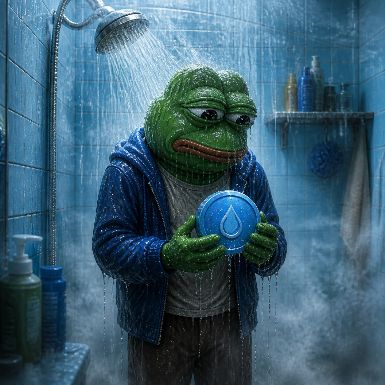 Melancholy frog holding a wet token under a shower