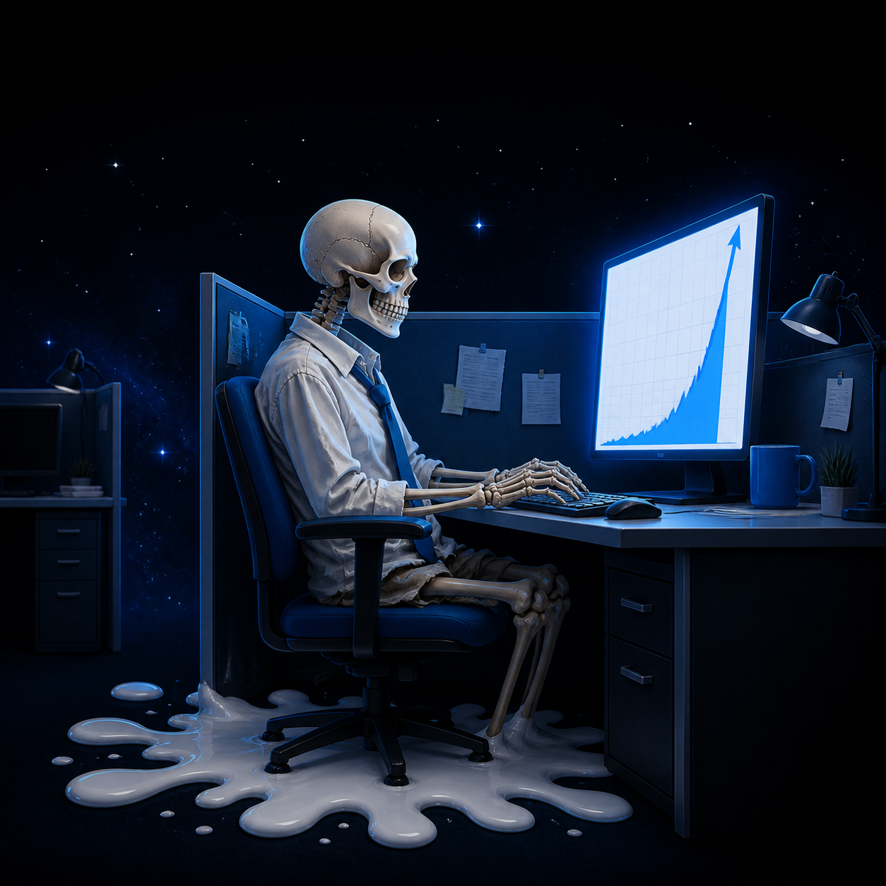 Skeleton at a trading desk watching a blue chart rise