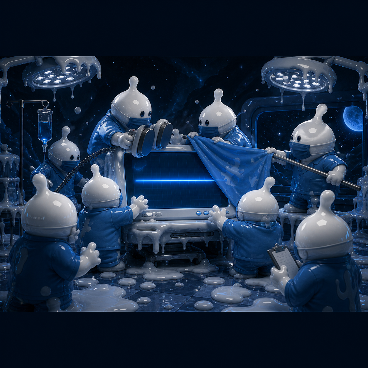 Tiny droplet surgeons trying to revive a flat blue chart monitor