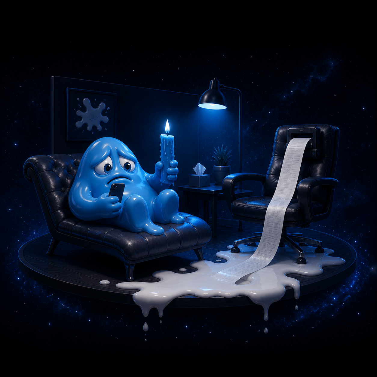 Anxious blue blob in therapy with an empty chair and a very long invoice