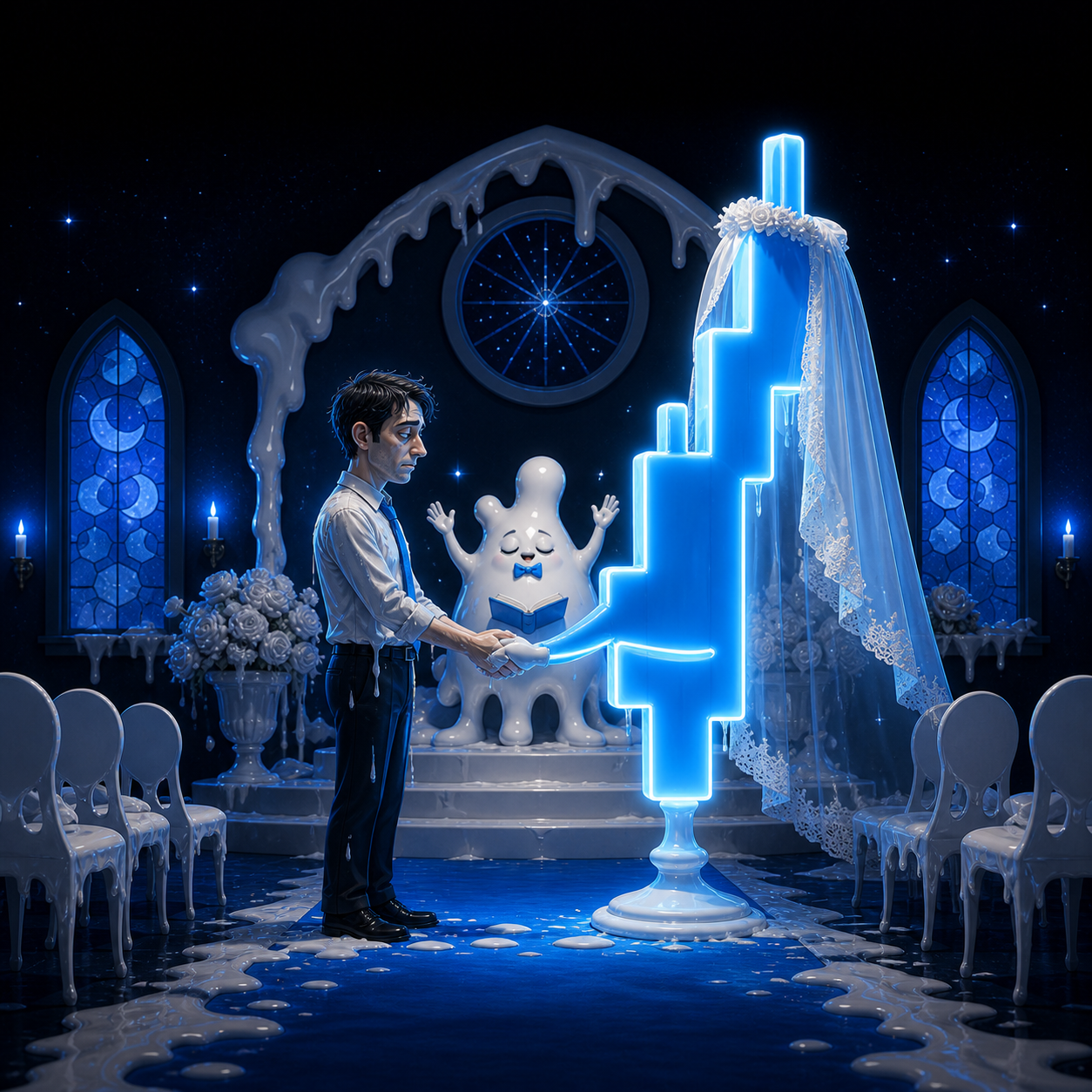 Exhausted office worker marrying a glowing blue chart candle