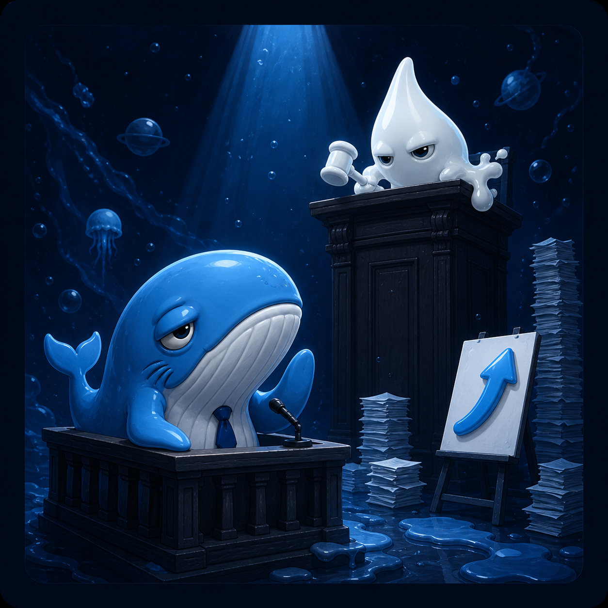 Whale testifying in a surreal underwater courtroom